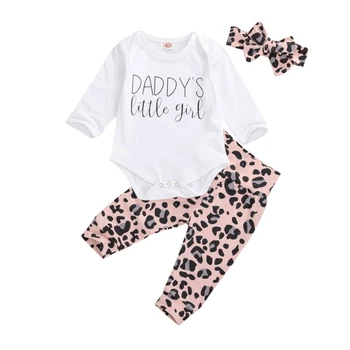 0-24M Leopard Naujagimiui Baby Girl Drabužiai Nustatyti Daddy ' s Little Girl Romper + Kelnės Lankelis Mielas Rudens Komplektai
