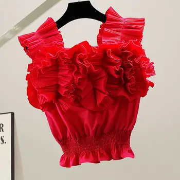 2021 m. vasarą naujų juosmens ir plonas V-kaklo prancūzijos marškinėliai moterų raudona plisuotos susiėmę berankovis viršų Vasaros Tees Raukšlės
