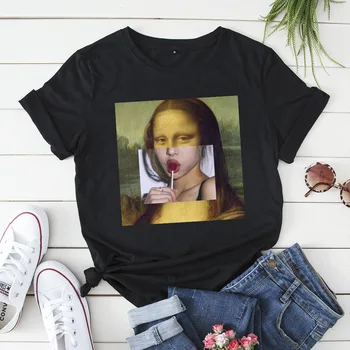 2021 Naujas Moterys T-Shirt Juokinga Mona Lisa Valgyti Saldainiai Spausdinti Negabaritinių Medvilnės Apvalios Kaklo Trumpomis Rankovėmis T-Shirt Viršūnes Harajuku Hip-Hop