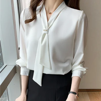 2022 M. Pavasarį Naujas Metalo Kaklaraištį Apykaklės Elegantiški Baltos Spalvos Marškinėliai Moterims Ilgomis Rankovėmis Šifono Palaidinė Office Lady Darbo Viršūnių Chemise Blusa Mujer