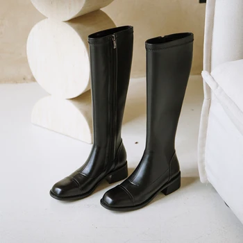 2022 m. rudens ir žiemos batai Moterims knee-high batai natūralios odos 22-25cm karvės odos+Elastinga PU Riteris užtrauktuku batai ilgi batai