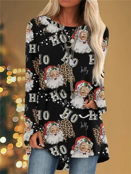 2022 m. Rudenį Naujų Plus Size Elegantiškas Atsitiktinis ilgomis Rankovėmis marškinėliai Kalėdų Atmosferą Spausdinimo Moterų Derliaus Mergina Su Girlianda Top3D