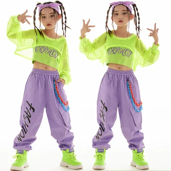 2022 Naujojo Džiazo Šokio Kostiumas Mergaitėms Žalia Ju Viršūnes Vest Violetinė Krovinių Kelnės Vaikams Hip Hop Šokio Spektaklis Drabužius Kpop Dėvėti BL9595