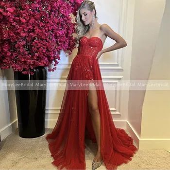 2022 Raudona Blizgučiai Keltas Suknelės Brangioji Iškirpte Iliuzija China Nėrinių Kaulų Liemenė Seksualus Aukštos Ritininės Vakare Chalatai chalatai de soirée