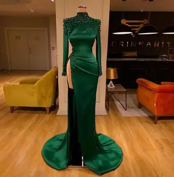 2022 Smaragdas Žalia Arabų Vakarinę Suknelę Ilgomis Rankovėmis, Aukšta Ritininės Seksualus Prom Šalis Oficialią Suknelės, Elegantiškos Duobute Undinė Dubajus Vestidos
