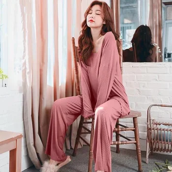 2VNT Pajama Komplektai Moterų Pavasario Rudens Modalinis Sleepwear Pijama 2022 Naujas ilgomis Rankovėmis Namų Drabužių Pyjama Kostiumas Moteris