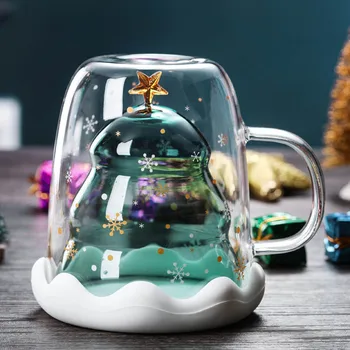 300ML Kalėdų Eglutė Puodelis Dangčio Snaigės Stiklo Taurės dvisluoksnį Karščiui Atsparaus Kavos Puodelis Gėrimo Taurės Mielas Kalėdų Dovana