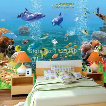 3D trimatis sienų tapetai povandeninio pasaulio jūrų žuvis, vaiko kambarys, TV kambarys fone Pasirinktinis dydis