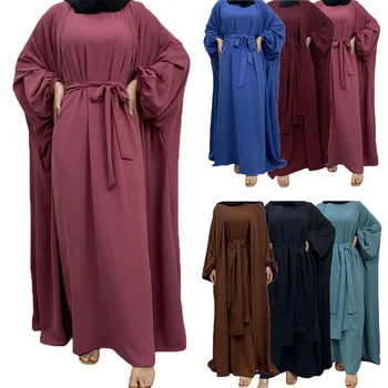 3Pcs Atitikimo Rinkinys Moterims Musulmonų Abaja Suknelė Dubajus Arabų Kukli Apranga Islamo Paprasto Atidaryti Abaja Suknelė Įvyniojimas, Priekinis Bamperis Eid Ramadanas