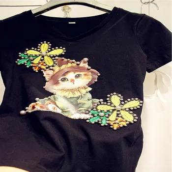 7XL!Sunkioji pramonė Vasaros zawalcowany katė blizgučiais t-shirt moterims, medvilnės ruožas visas rungtynes, viršuje tees