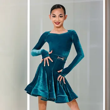 Aksomo lotynų Konkurencijos Suknelė Mergaitėms ilgomis Rankovėmis Etape Sportinių Kostiumų Praktikos Dėvėti Salsa Drabužių Šiuolaikinės Dancewear JL4899