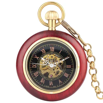 Antikvariniai Raudonojo Sandalmedžio Kišenėje Žiūrėti Atidaryti Veido Automatinis Mechaninis laikrodis Romos Numerio Rinkimo Pakabukas Grandinės Laikrodis Vyrams, Moterims