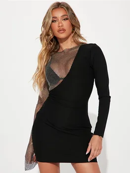 Aukščiausios Kokybės Moterų Žiemos Seksualus Ilgomis Rankovėmis Gazas Juoda Mini Bodycon Tvarstis Suknelė 2022 Elegantiškas Vakaras Klubo Šalis Suknelė