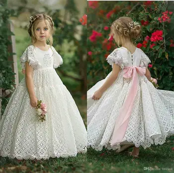 Balta Gėlė Mergina Dress Reljefiniai Rankovėmis Mergina Šalis Suknelė Cute Baby Girl Dress Vaikas Suknelė Gimtadienio Suknelė Mergina Suknelė