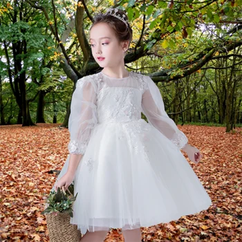 Balta Gėlė Mergina Vestuvių Bridesmaid Ilgomis Rankovėmis Skara Mergaitė Princesė Sijonas Fortepijonas Modelio Veikimo Šalies Šokių High-End Suknelė