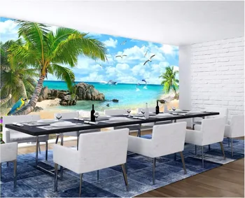 Custom freskos nuotrauka 3d kambario tapetai Delfinų kokoso palmių paplūdimyje, tapyba, 3d sienų freskomis tapetai, sienų ir 3 d