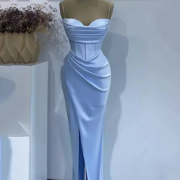Dangus Mėlynas Spagečiai Dirželiai Undinė Oficialią Vakaro Suknelės Dubajus Paprasta Puoštas Įžymybė Šalis, Chalatai Pusėje Ritininės Prom Dress