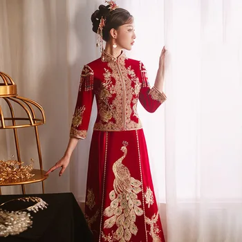 Elegantiškas Blizgančiais Duobute Povas Siuvinėjimo Cheongsam Kinų Tradicinė Vestuvių Suknelė, Stilingas Nuotaka Derliaus Veliūras Qipao