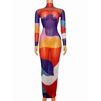 Etapas Multi-color Skaidriais Cirkonio ilgomis Rankovėmis Bodycon Suknelė Moterims Gimtadienio Prom Vakare Šalies Kostiumų Dainininkas Tinklelio Suknelė