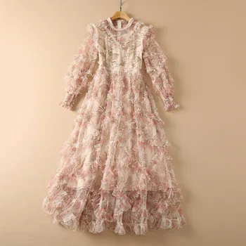 Europos ir Amerikos moterų drabužiai nauji rudenį 2022 ilgomis rankovėmis žibintų rankovės gėlių siuvinėjimas nagų granulių Madinga rožinė suknelė