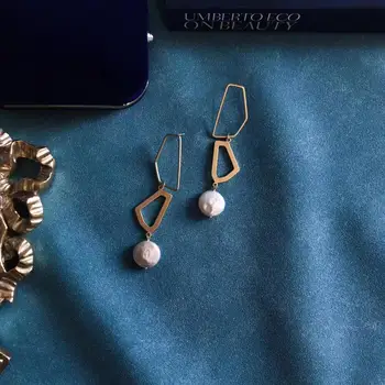 Handpicked Gėlo vandens balti Perlai Mygtuką Lašas Auskarai,Netaisyklingos geometrijos tikras perlas moterų auskarai šalies Juvelyrikos,ponia dovana