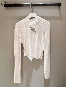 Iki 2023 m. Pavasarį Naujas Mados Elegantiškas, Paprastas, Žemiausią Megzti Viršų Moterų Madinga Paprasta Nereguliarus Hollow-out Slim Fit White T-shirt