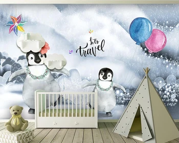Individualizuotos fono paveikslėlį Mielas animacinių filmų pingvinas balionas vaikų kambario sienos fone