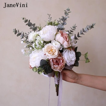 JaneVini Elegantiškas Vakarų Nuotakos Ranką, Puokštės Dulkių Rausva Balta Šilko Rožės Dirbtinių Gėlių Puokštė Nuotakų Vestuvių Priedai
