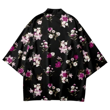 Japonijos Juodos Spalvos Gėlių Spausdinti Kimono Ir Ziajać Nustatyti Vyrų Marškinėliai Cardigan Palaidinė Vasara Samurai Yukata Haori Obi Drabužiai