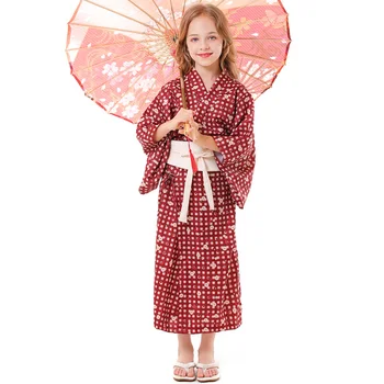 Kawaii Japonų Kimono (2022 M.) Vasaros Vaikų Prarasti Cardigan Chalatas, Pledas Retro Stiliaus Gėlių Spausdinti Raudonos Nėrinių Ilgas Sijonas Pižama