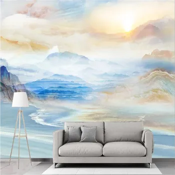 Kinijos Abstrakčiai Jūra Debesys Saulėtekio Aukšto Kalno Tekantis Vanduo Marmuro Fone Tapetai, Freskos Gyvenimo Kambario Sienos 3D