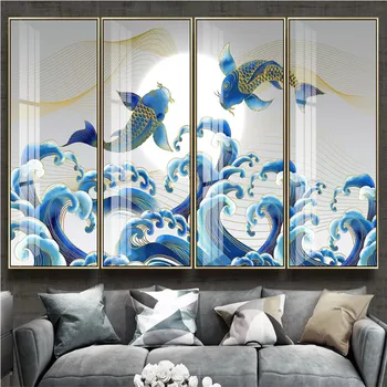 Kinijos Vaterlinijos Bangų Purslų Saulėtekio Fishs Mėlyno Rašalo Sienų Tapetai Sienos 3D Suši Restoranas Pramonės Dekoro Sienos Popieriaus 3D