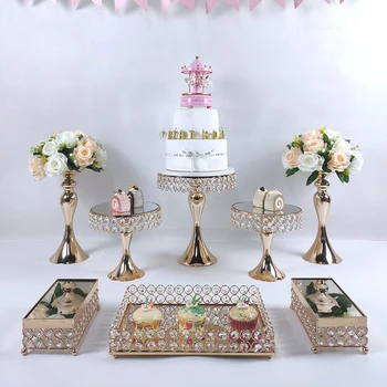 Krištolo karoliukai tortas stovėti nustatyti aukso chromu padengtas veidrodžio paviršius desertas stovėti vestuves stalo apdailos kepimo įrankis