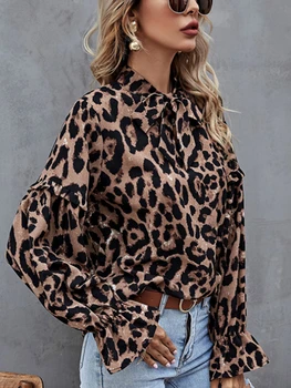 Mados Elegantiškas Pynimas Marškinėliai Vasarą V-Kaklo Lankas Leopardas Spausdinti Retro Palaidinės Moterų Žiedlapis Rankovės Atsitiktinis Viršūnes Drabužiai