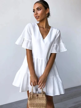 Mini Balta Suknelė Moterims Vasaros Paplūdimio Suknelės 2022 trumpomis Rankovėmis V-kaklo, Laisvi Pynimas Juoda Vestidoes