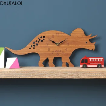 Miško ekologinių bambuko medienos animacinių filmų triceratopsas dinozaurų sieninis laikrodis vaikų kambario dekoracija gyvūnų sieninis laikrodis Namų Dekoro
