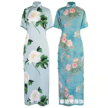 Moterims Gėlių Spausdinti Cheongsams Elegantiškas Satino Kinų Suknelė Seksualus Padalinta Qipao Derliaus Mandarinų Apykaklės Suknelės Negabaritinių Vestidos