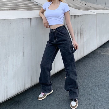 Moteris Baggy Jeans Aukšto Juosmens Atsitiktinis Palaidų Tiesios Kojos Demin Kelnes korėjos Stiliaus Kelnės Harajuku Streetwear Pavasarį Rudenį