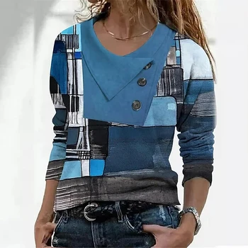 Moteriški Marškinėliai Tee Abstrakčių Geometrinių Spausdinti ilgomis Rankovėmis Atsitiktinis Pagrindinio Krūva Kaklo Marškinėlius Už Femal Drabužių Mados Naujų Ponios Viršūnės