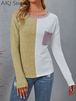 Moterys Slim Fit Colorblock Kišenėje Dizainas O-Kaklo Atsitiktinis marškinėliai Viršų