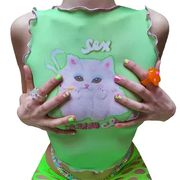 Moterų Gotikos Stiliaus Animaciją Kačių Modelis Vest Top Apvalios Kaklo Susiduria Bamba Rankovių Dugno Tank Top * Slim Apkarpytos Camisole