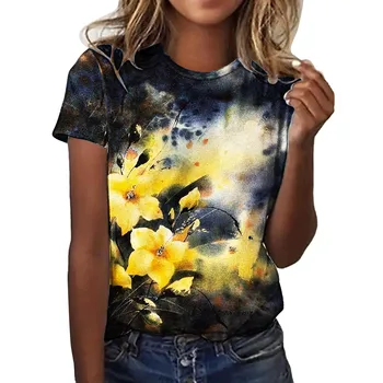 Moterų Mados Atsitiktinis Top Marškinėliai Trumpomis Rankovėmis Gėlių Atspausdintas T Shirt Apvalus Kaklas Elegantiškas Laisvas Minkštų Viršuje Palaidinė