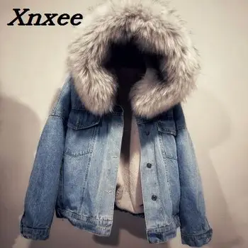 Moterų žiemos storio džinsai striukė dirbtiniais kailiais apykaklė su gobtuvu džinsinis paltas moteriška ėriukų kailiai, paminkštintas šiltas džinsinis švarkas priežastinis outwear Xnxee