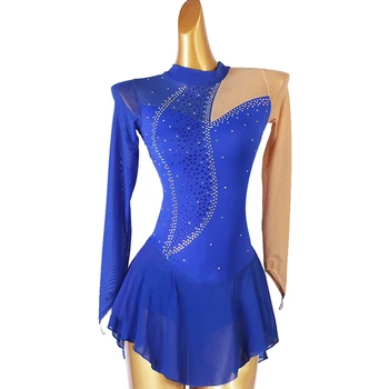 Mėlyna Dailiojo Čiuožimo Suknelė Moterims Mergina Ledo Čiuožimo Suknelė Figureskates Gimnastika Kostiumas Leotard kalnų krištolas ilgomis Rankovėmis TXH-B172
