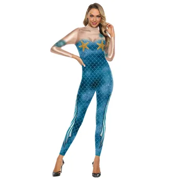 Mėlyna Žuvis Svarstyklės Undinė 3D Atspausdintas Jumpsuit Suaugusiųjų Šaliai Vaidmuo Žaisti Helovinas, Cosplay Kostiumai, Moterims Stora Bodycon Slim Bodysuit