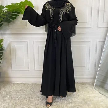 Naujas Moterų Musulmonų Apdaras Abaja Malda Suknelė Arabų Islamo Mados Siuvinėjimo, Spausdinimo Priekyje Atvira Kišenė Ruožas Juosmeniu Stiliaus Kaftans
