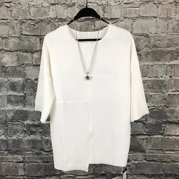 Nauji vyriški paprastas baltas laisvi marškinėliai korėjos versija apvalios kaklo jaunimo nereguliarus hem peties slidus didelio dydžio ne