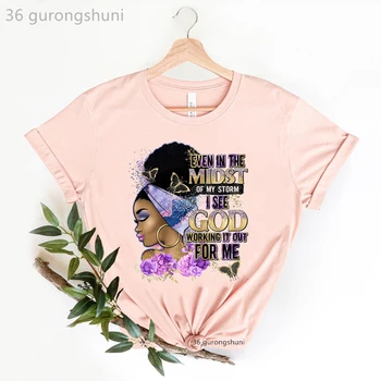 Net Tarp Mano Audra, Aš Matau Dievo Darbo Ji Už Mane Grafinis Spausdinti T-Shirt Juoda Moterų Melanino Black Girl Magic 