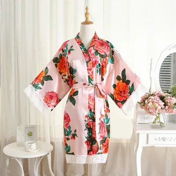 Nėrinių Apdaila Gėlių Spausdinti Kimono Skraiste Ponios Vasaros Naujus Satino Vonia Suknelė Pavasarį, Rudenį, Chalatas V-Kaklo Naktį Suknelė Lounge Sleepwear