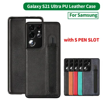 Odinis dėklas su S PEN LIZDAS Samsung Galaxy S21 Ultra PU Oda Atveju s21u Telefono Galinį Dangtelį Atveju